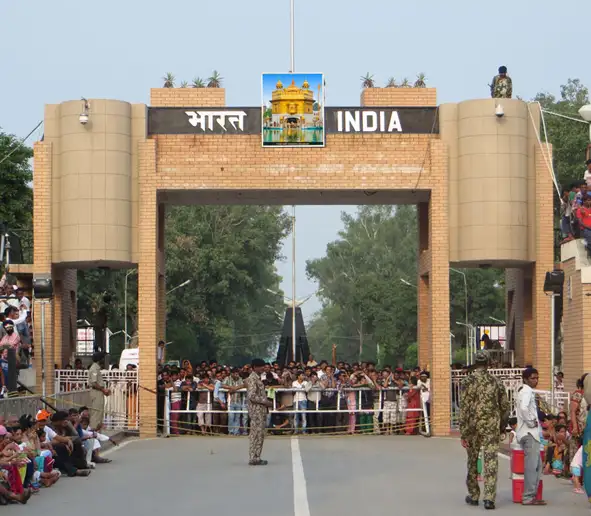 Wagah Attari Border ceremony showing India Pakistan gate and BSF parade